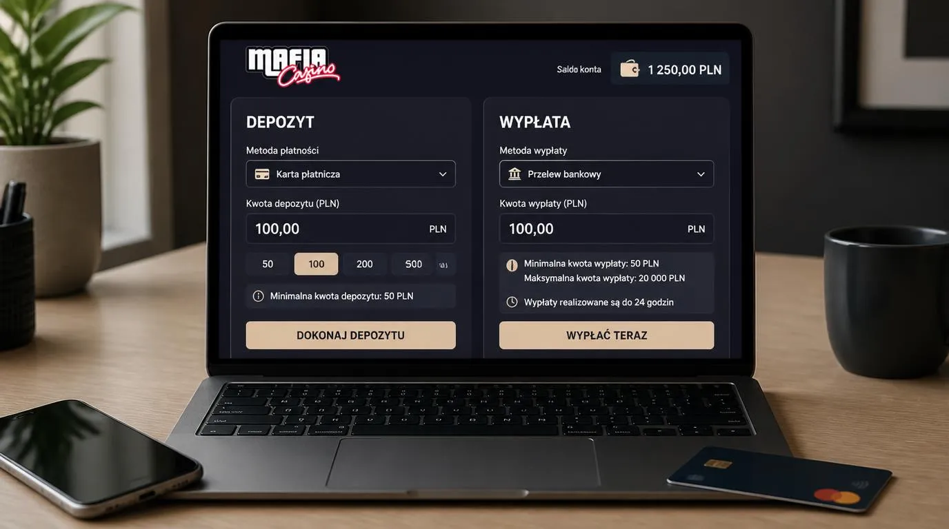 Panel płatności kasyna z saldem w PLN, wyborem metody wpłaty i informacją o limitach wypłat